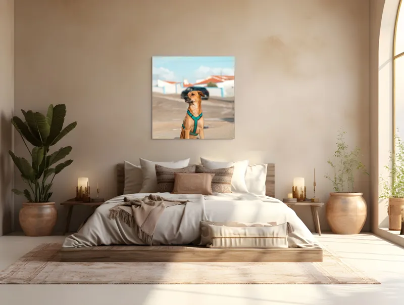 Tablou Canvas, "Câinele la soare pe stradă", Blând, Loial, Viguros, Așezat, Zgarda, Curiozitate, Drumul, Cer, Liniște, 100 x 100 cm – poza 4