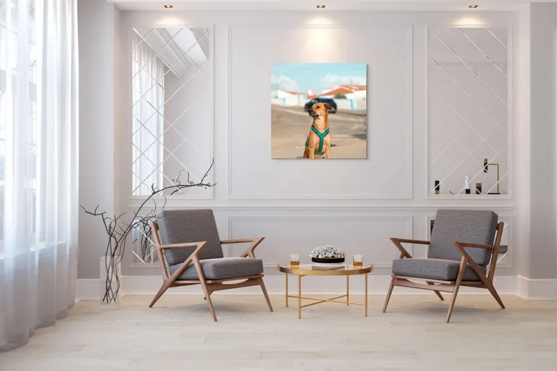 Tablou Canvas, "Câinele la soare pe stradă", Blând, Loial, Viguros, Așezat, Zgarda, Curiozitate, Drumul, Cer, Liniște, 100 x 100 cm – poza 7