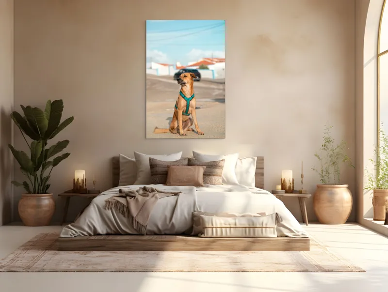 Tablou Canvas, "Câinele la soare pe stradă", Blând, Loial, Viguros, Așezat, Zgarda, Curiozitate, Drumul, Cer, Liniște, 100 x 150 cm – poza 3