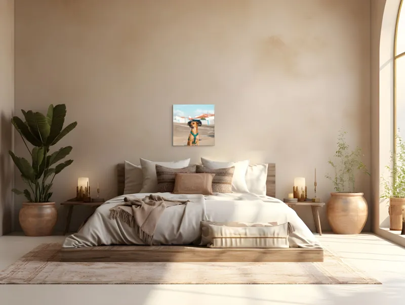 Tablou Canvas, "Câinele la soare pe stradă", Blând, Loial, Viguros, Așezat, Zgarda, Curiozitate, Drumul, Cer, Liniște, 50 x 50 cm – poza 5