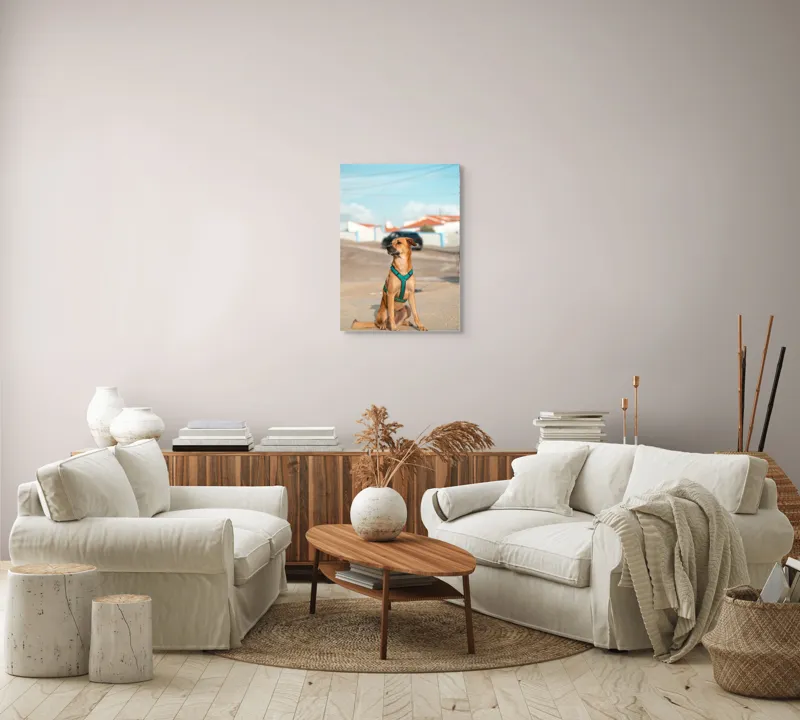 Tablou Canvas, "Câinele la soare pe stradă", Blând, Loial, Viguros, Așezat, Zgarda, Curiozitate, Drumul, Cer, Liniște, 50 x 70 cm – poza 4