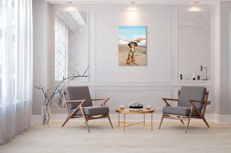 Tablou Canvas, "Câinele la soare pe stradă", Blând, Loial, Viguros, Așezat, Zgarda, Curiozitate, Drumul, Cer, Liniște, 70 x 100 cm – poza 8