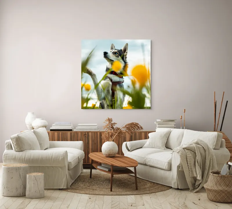 Tablou Canvas, "Câine jucăuș în câmpul de flori", Flori, Câine, Cer, Natură, Galben, Primăvară, Voinic, Fericire, Verde, Blând., 100 x 100 cm – poza 3