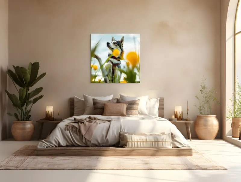 Tablou Canvas, "Câine jucăuș în câmpul de flori", Flori, Câine, Cer, Natură, Galben, Primăvară, Voinic, Fericire, Verde, Blând., 100 x 100 cm – poza 4