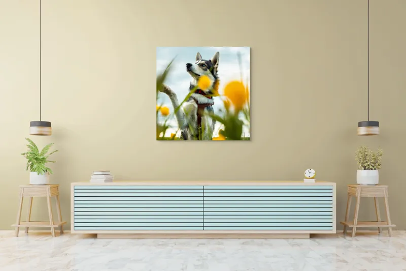 Tablou Canvas, "Câine jucăuș în câmpul de flori", Flori, Câine, Cer, Natură, Galben, Primăvară, Voinic, Fericire, Verde, Blând., 100 x 100 cm – poza 5
