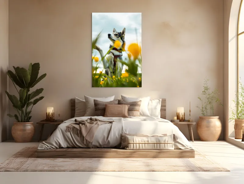 Tablou Canvas, "Câine jucăuș în câmpul de flori", Flori, Câine, Cer, Natură, Galben, Primăvară, Voinic, Fericire, Verde, Blând., 100 x 150 cm – poza 3