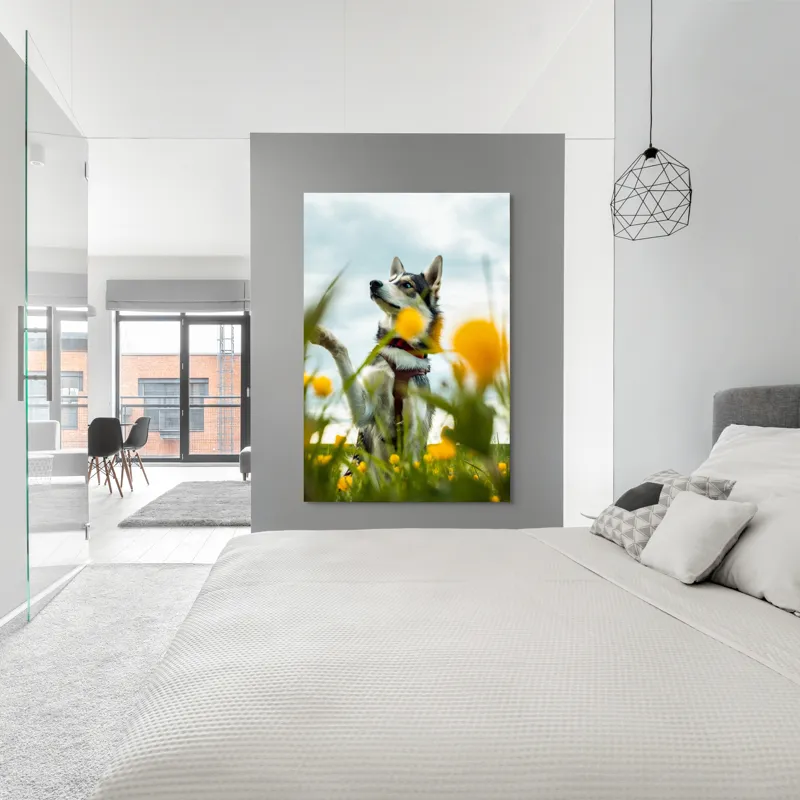Tablou Canvas, "Câine jucăuș în câmpul de flori", Flori, Câine, Cer, Natură, Galben, Primăvară, Voinic, Fericire, Verde, Blând., 100 x 150 cm – poza 5