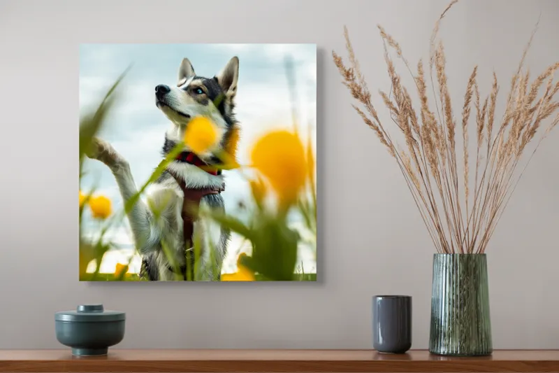 Tablou Canvas, "Câine jucăuș în câmpul de flori", Flori, Câine, Cer, Natură, Galben, Primăvară, Voinic, Fericire, Verde, Blând., 50 x 50 cm – poza 4