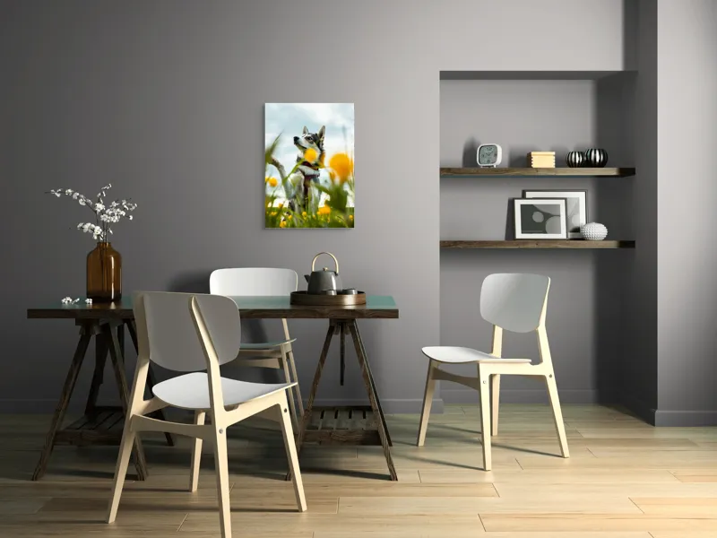 Tablou Canvas, "Câine jucăuș în câmpul de flori", Flori, Câine, Cer, Natură, Galben, Primăvară, Voinic, Fericire, Verde, Blând., 50 x 70 cm – poza 5