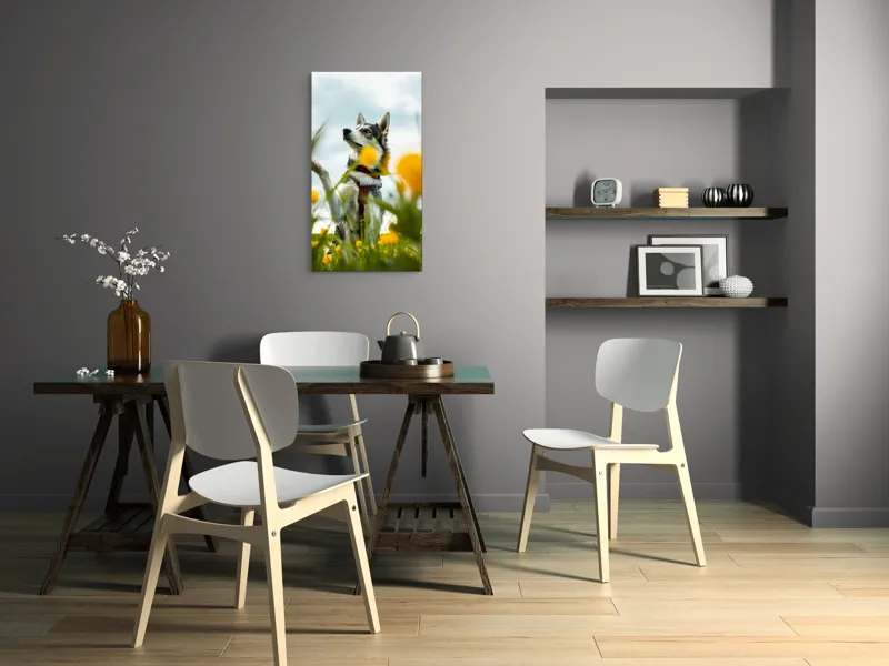 Tablou Canvas, "Câine jucăuș în câmpul de flori", Flori, Câine, Cer, Natură, Galben, Primăvară, Voinic, Fericire, Verde, Blând., 50 x 90 cm – poza 4