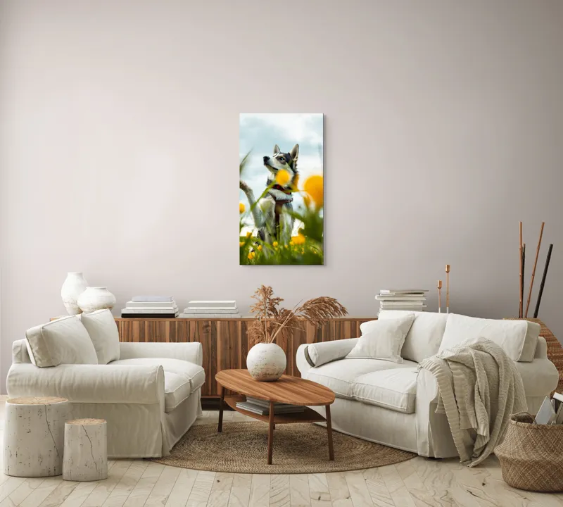 Tablou Canvas, "Câine jucăuș în câmpul de flori", Flori, Câine, Cer, Natură, Galben, Primăvară, Voinic, Fericire, Verde, Blând., 50 x 90 cm – poza 7