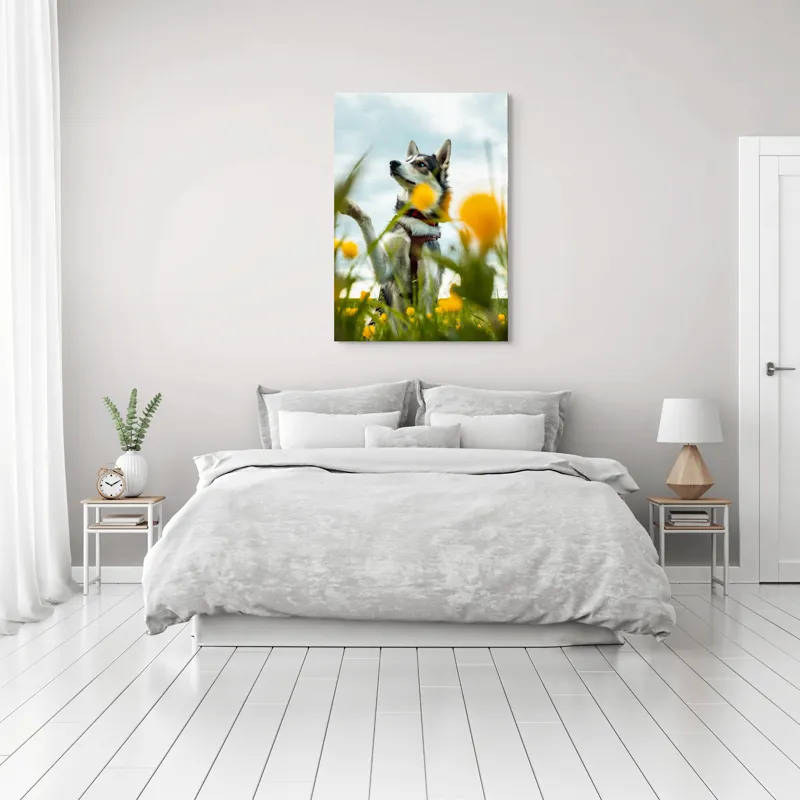 Tablou Canvas, "Câine jucăuș în câmpul de flori", Flori, Câine, Cer, Natură, Galben, Primăvară, Voinic, Fericire, Verde, Blând., 70 x 100 cm – poza 3