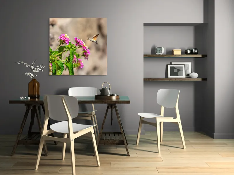 Tablou Canvas, "Colibri printre flori colorate de vară", Flori, Nectar, Fluture, Viu, Natură, Zbor, Fragil, Înflorire, 100 x 100 cm – poza 6