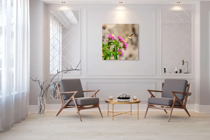 Tablou Canvas, "Colibri printre flori colorate de vară", Flori, Nectar, Fluture, Viu, Natură, Zbor, Fragil, Înflorire, 100 x 100 cm – poza 7