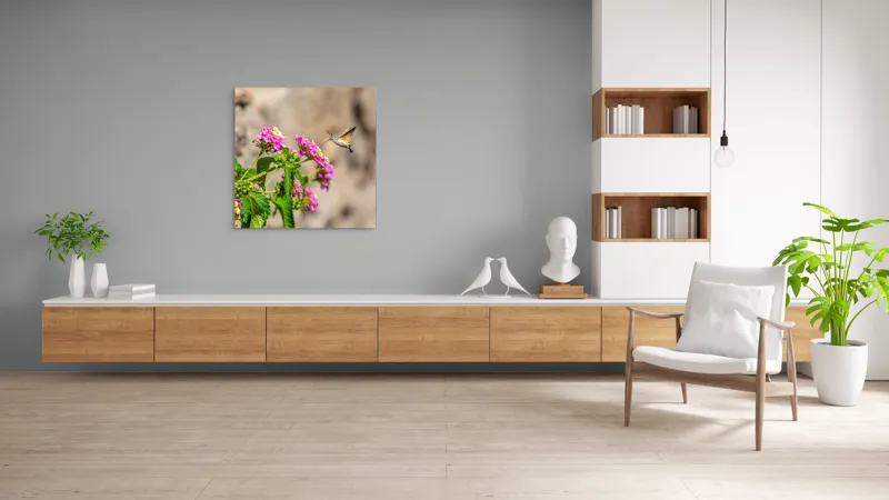 Tablou Canvas, "Colibri printre flori colorate de vară", Flori, Nectar, Fluture, Viu, Natură, Zbor, Fragil, Înflorire, 100 x 100 cm – poza 8