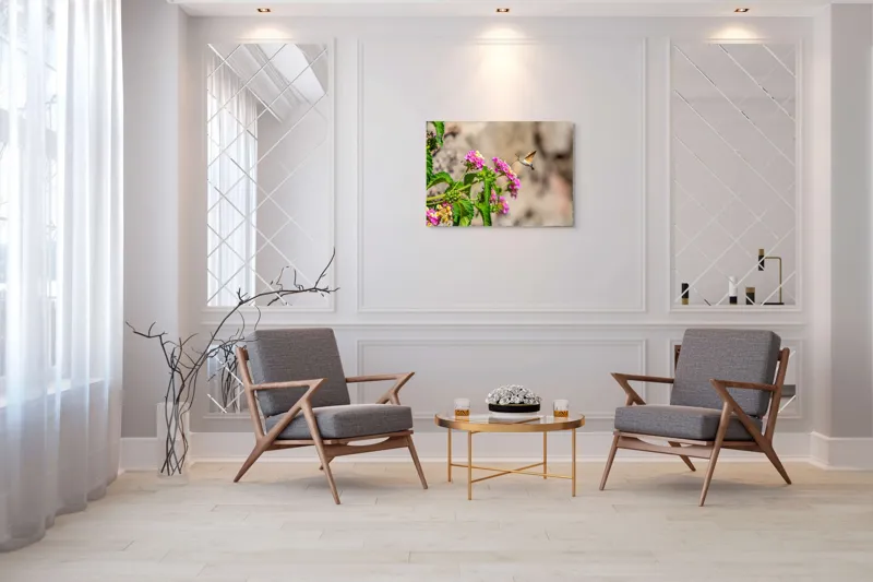 Tablou Canvas, "Colibri printre flori colorate de vară", Flori, Nectar, Fluture, Viu, Natură, Zbor, Fragil, Înflorire, 100 x 70 cm – poza 5