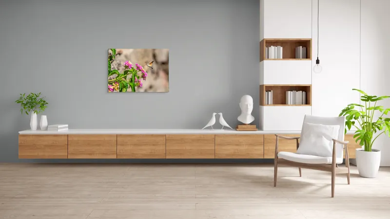 Tablou Canvas, "Colibri printre flori colorate de vară", Flori, Nectar, Fluture, Viu, Natură, Zbor, Fragil, Înflorire, 100 x 70 cm – poza 6