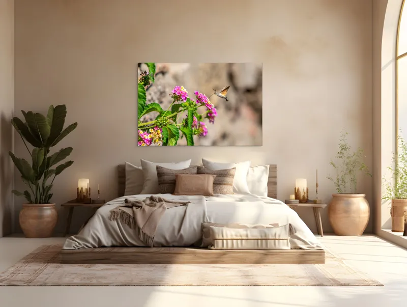 Tablou Canvas, "Colibri printre flori colorate de vară", Flori, Nectar, Fluture, Viu, Natură, Zbor, Fragil, Înflorire, 150 x 100 cm – poza 4