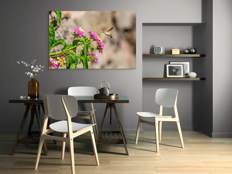 Tablou Canvas, "Colibri printre flori colorate de vară", Flori, Nectar, Fluture, Viu, Natură, Zbor, Fragil, Înflorire, 150 x 100 cm – poza 5