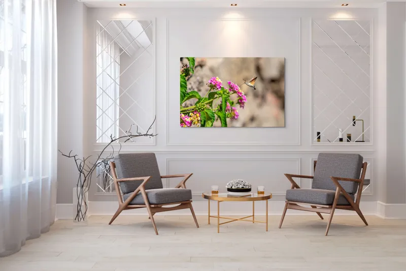 Tablou Canvas, "Colibri printre flori colorate de vară", Flori, Nectar, Fluture, Viu, Natură, Zbor, Fragil, Înflorire, 150 x 100 cm – poza 7
