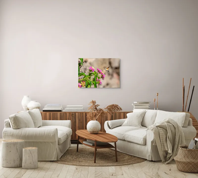 Tablou Canvas, "Colibri printre flori colorate de vară", Flori, Nectar, Fluture, Viu, Natură, Zbor, Fragil, Înflorire, 70 x 50 cm – poza 6