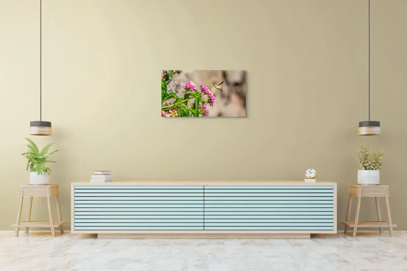 Tablou Canvas, "Colibri printre flori colorate de vară", Flori, Nectar, Fluture, Viu, Natură, Zbor, Fragil, Înflorire, 90 x 50 cm – poza 5