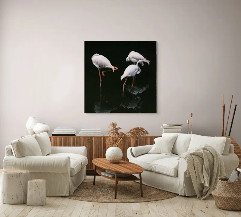 Tablou Canvas, "Flamingo grațioase în apă întunecată", Flamingo, Reflecții, Eleganță, Echilibru, Tranquilitate, Grație, 100 x 100 cm – poza 3