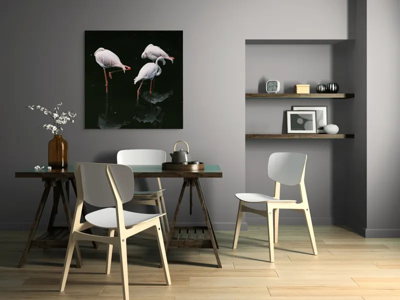 Tablou Canvas, "Flamingo grațioase în apă întunecată", Flamingo, Reflecții, Eleganță, Echilibru, Tranquilitate, Grație, 100 x 100 cm – poza 6