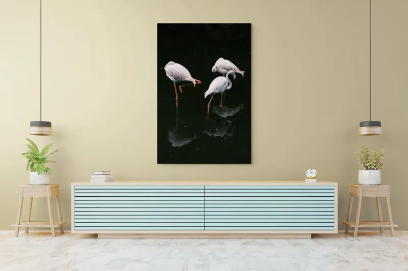 Tablou Canvas, "Flamingo grațioase în apă întunecată", Flamingo, Reflecții, Eleganță, Echilibru, Tranquilitate, Grație, 100 x 150 cm – poza 4