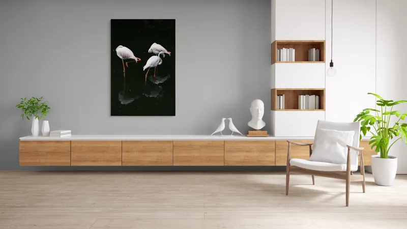 Tablou Canvas, "Flamingo grațioase în apă întunecată", Flamingo, Reflecții, Eleganță, Echilibru, Tranquilitate, Grație, 100 x 150 cm – poza 8