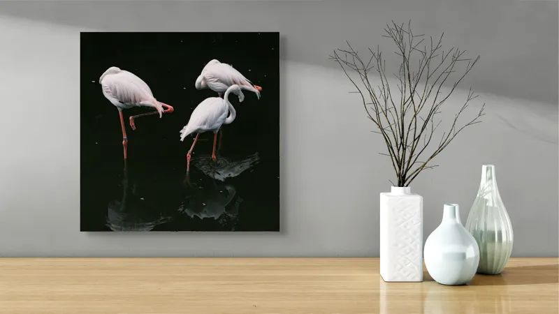 Tablou Canvas, "Flamingo grațioase în apă întunecată", Flamingo, Reflecții, Eleganță, Echilibru, Tranquilitate, Grație, 50 x 50 cm – poza 3