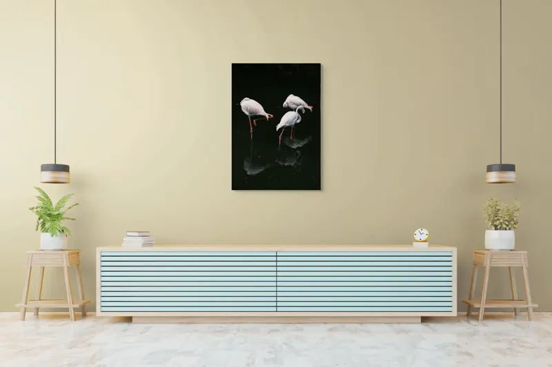 Tablou Canvas, "Flamingo grațioase în apă întunecată", Flamingo, Reflecții, Eleganță, Echilibru, Tranquilitate, Grație, 70 x 100 cm – poza 5