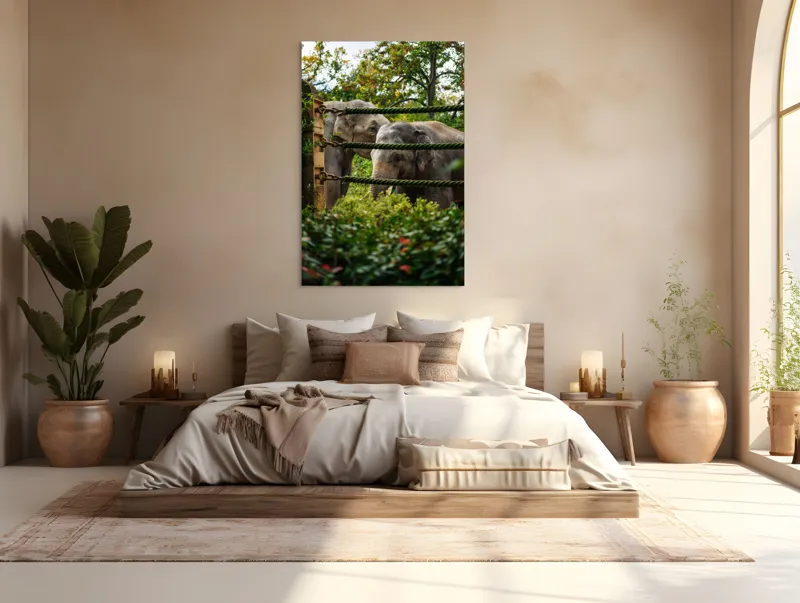 Tablou Canvas, "Elefanți în grădina zoologică verde", Elefanți, Grădină, Frânghii, Frunze, Copaci, Peisaj, Natural, Verde, Animale, 100 x 150 cm – poza 3
