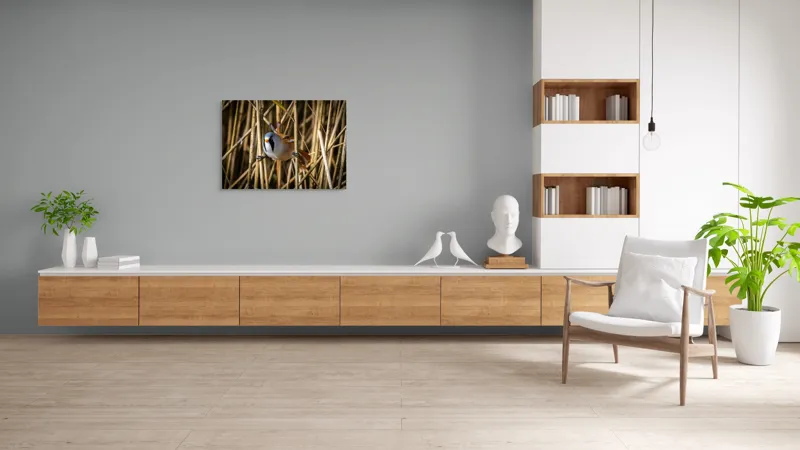 Tablou Canvas, "Păsăre în stufăriș de toamnă", Pasăre, Trestie, Muștar, Panică, Penaj, Soare, Ascuns, Natură, 100 x 70 cm – poza 6