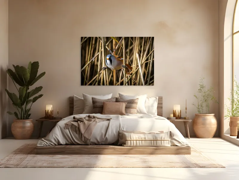 Tablou Canvas, "Păsăre în stufăriș de toamnă", Pasăre, Trestie, Muștar, Panică, Penaj, Soare, Ascuns, Natură, 150 x 100 cm – poza 4