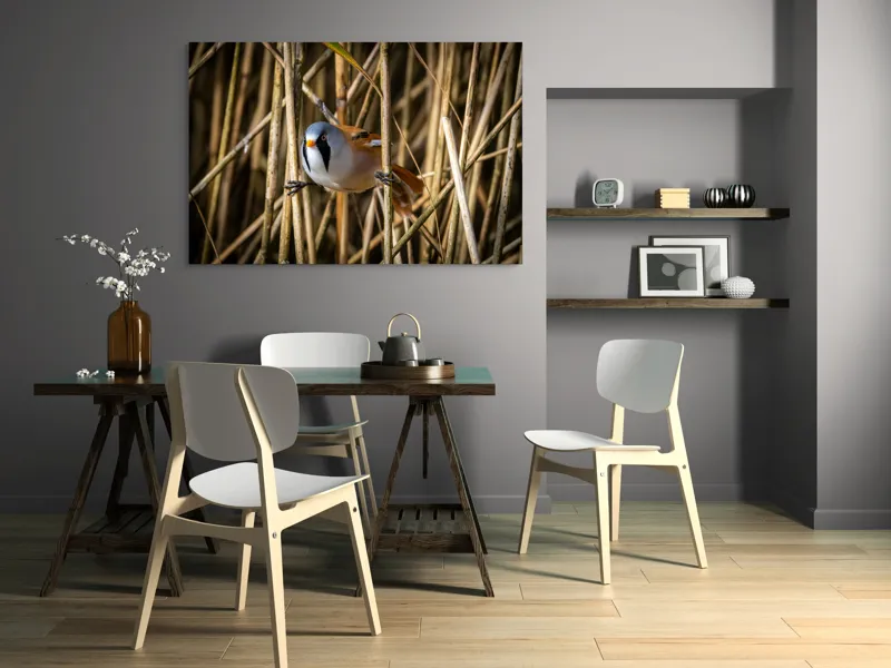 Tablou Canvas, "Păsăre în stufăriș de toamnă", Pasăre, Trestie, Muștar, Panică, Penaj, Soare, Ascuns, Natură, 150 x 100 cm – poza 5