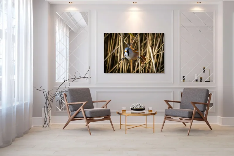 Tablou Canvas, "Păsăre în stufăriș de toamnă", Pasăre, Trestie, Muștar, Panică, Penaj, Soare, Ascuns, Natură, 150 x 100 cm – poza 7