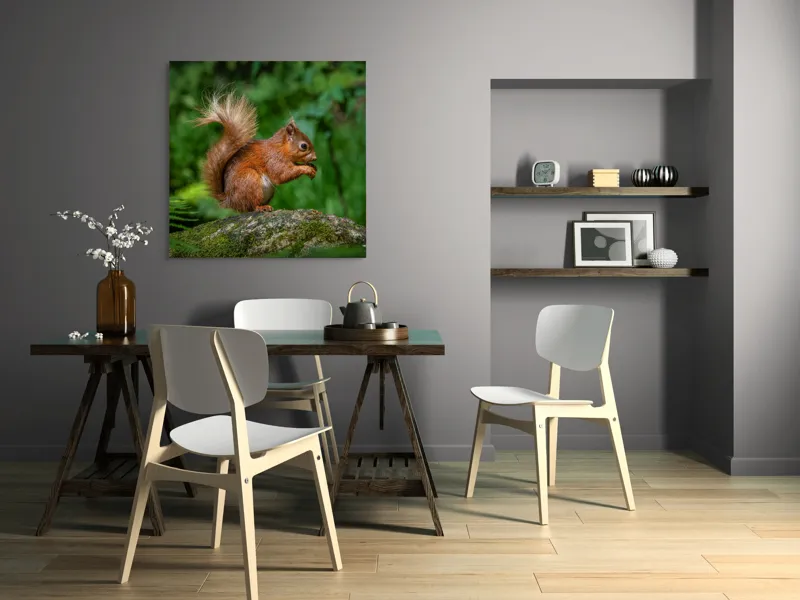 Tablou Canvas, "Veverița pe mușchiul pădurii verzi", Șoricel, Ghindă, Blănuri, Verdeață, Copaci, Pădure, Lumină, Agilitate, 100 x 100 cm – poza 6