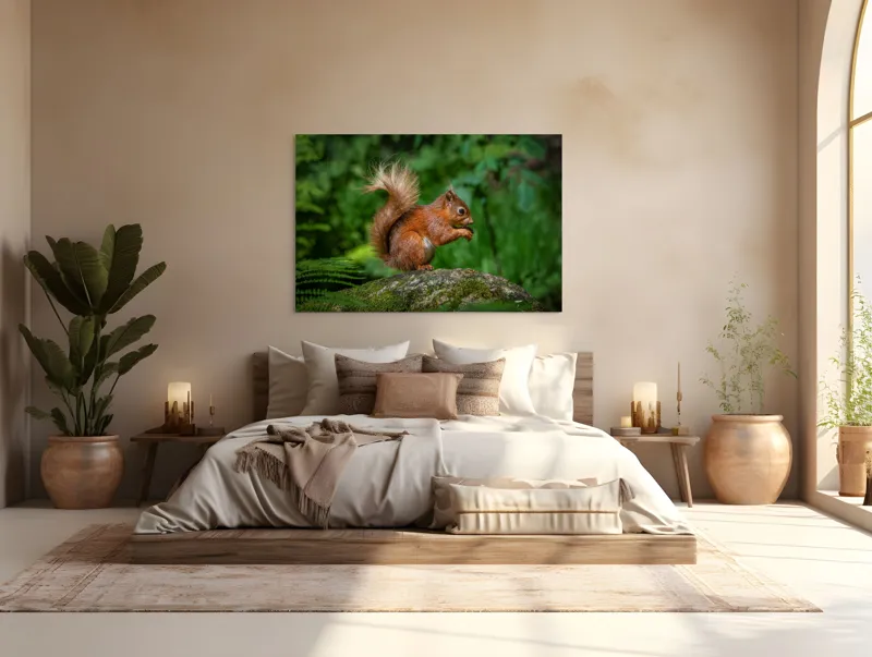 Tablou Canvas, "Veverița pe mușchiul pădurii verzi", Șoricel, Ghindă, Blănuri, Verdeață, Copaci, Pădure, Lumină, Agilitate, 150 x 100 cm – poza 4