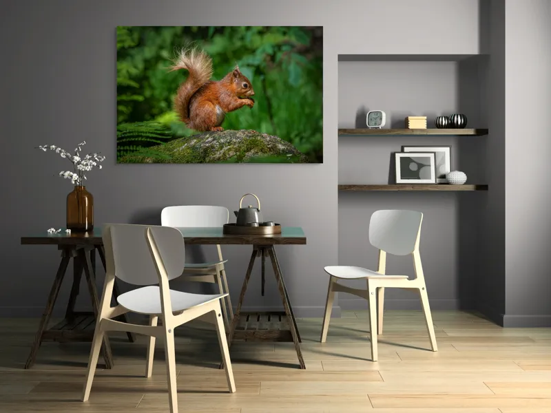 Tablou Canvas, "Veverița pe mușchiul pădurii verzi", Șoricel, Ghindă, Blănuri, Verdeață, Copaci, Pădure, Lumină, Agilitate, 150 x 100 cm – poza 5