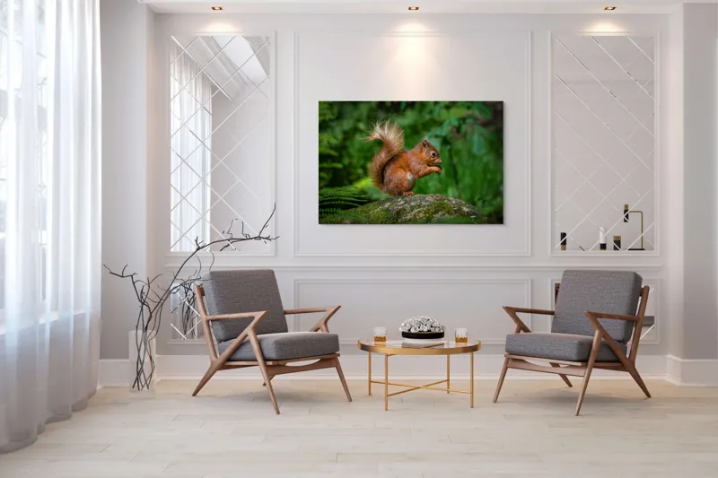Tablou Canvas, "Veverița pe mușchiul pădurii verzi", Șoricel, Ghindă, Blănuri, Verdeață, Copaci, Pădure, Lumină, Agilitate, 150 x 100 cm – poza 7