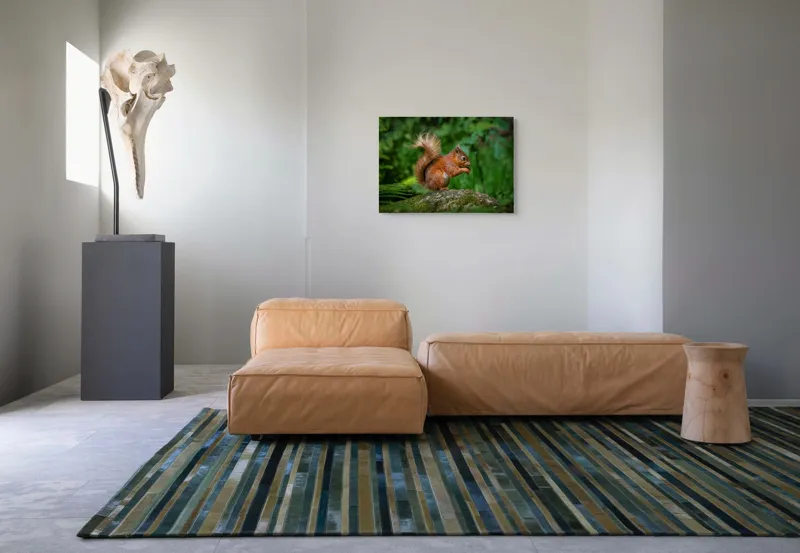 Tablou Canvas, "Veverița pe mușchiul pădurii verzi", Șoricel, Ghindă, Blănuri, Verdeață, Copaci, Pădure, Lumină, Agilitate, 70 x 50 cm – poza 8