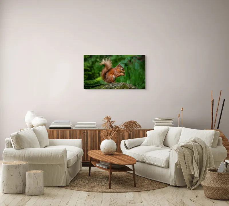 Tablou Canvas, "Veverița pe mușchiul pădurii verzi", Șoricel, Ghindă, Blănuri, Verdeață, Copaci, Pădure, Lumină, Agilitate, 90 x 50 cm – poza 4