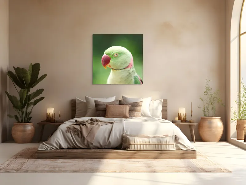 Tablou Canvas, "Papagalul fermecător în lumina dimineții", Papagal, Verde, Penaj, Ochi, Cioc, Roz, Fundal, Neted, Vibrant, Elegant, 100 x 100 cm – poza 4