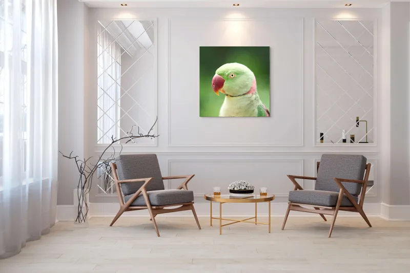 Tablou Canvas, "Papagalul fermecător în lumina dimineții", Papagal, Verde, Penaj, Ochi, Cioc, Roz, Fundal, Neted, Vibrant, Elegant, 100 x 100 cm – poza 7