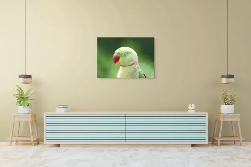 Tablou Canvas, "Papagalul fermecător în lumina dimineții", Papagal, Verde, Penaj, Ochi, Cioc, Roz, Fundal, Neted, Vibrant, Elegant, 100 x 70 cm – poza 4