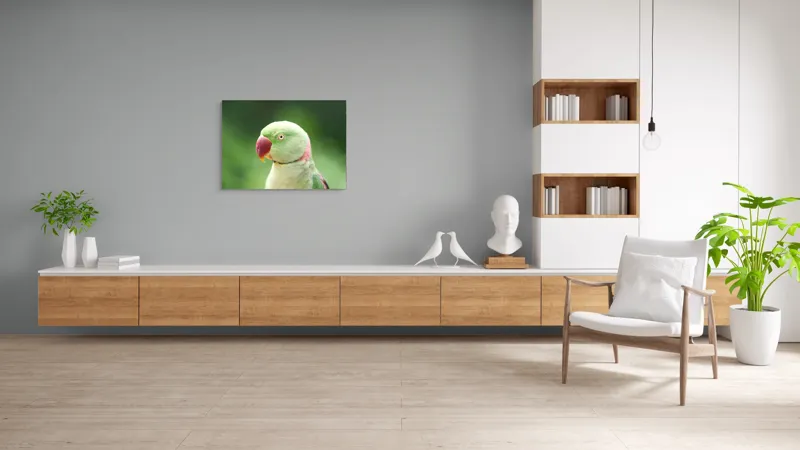 Tablou Canvas, "Papagalul fermecător în lumina dimineții", Papagal, Verde, Penaj, Ochi, Cioc, Roz, Fundal, Neted, Vibrant, Elegant, 100 x 70 cm – poza 6