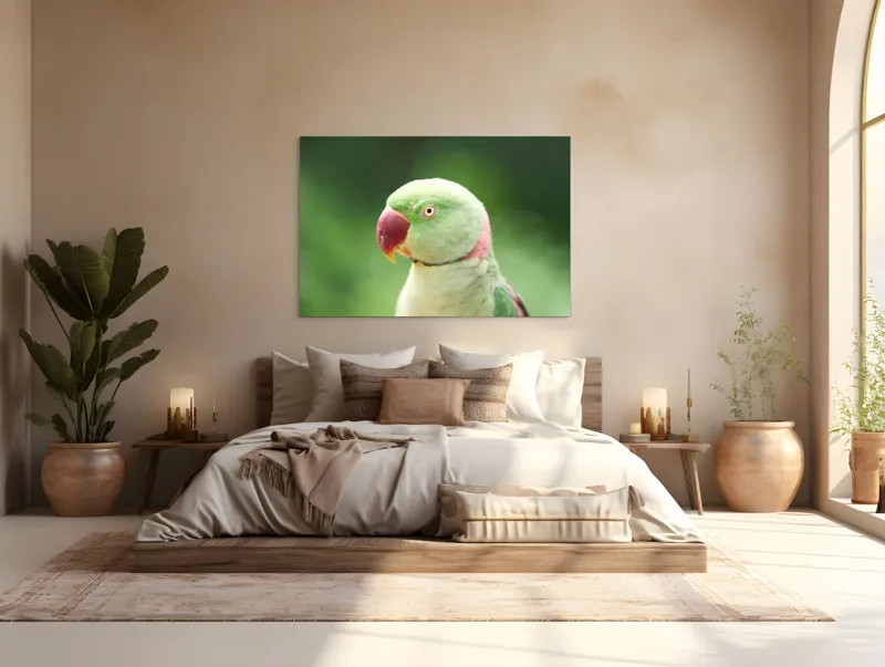 Tablou Canvas, "Papagalul fermecător în lumina dimineții", Papagal, Verde, Penaj, Ochi, Cioc, Roz, Fundal, Neted, Vibrant, Elegant, 150 x 100 cm – poza 4
