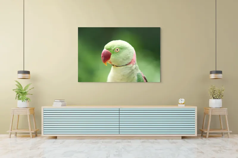 Tablou Canvas, "Papagalul fermecător în lumina dimineții", Papagal, Verde, Penaj, Ochi, Cioc, Roz, Fundal, Neted, Vibrant, Elegant, 150 x 100 cm – poza 6