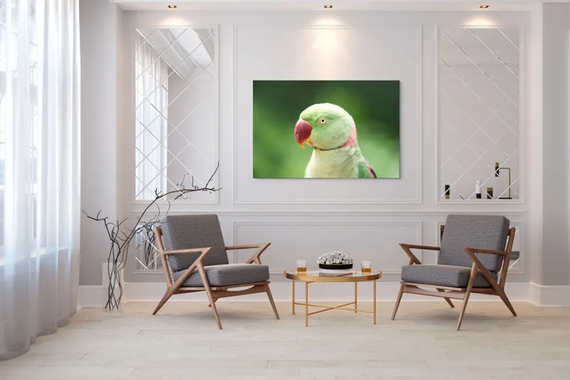 Tablou Canvas, "Papagalul fermecător în lumina dimineții", Papagal, Verde, Penaj, Ochi, Cioc, Roz, Fundal, Neted, Vibrant, Elegant, 150 x 100 cm – poza 7